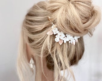 Bridal Hair Comb Rose Gold, Silver Wedding Hairpiece, Boho Hair Vine Gold, Clay Flowers Hairpiece, Rose Gold and Silver Hairpiece