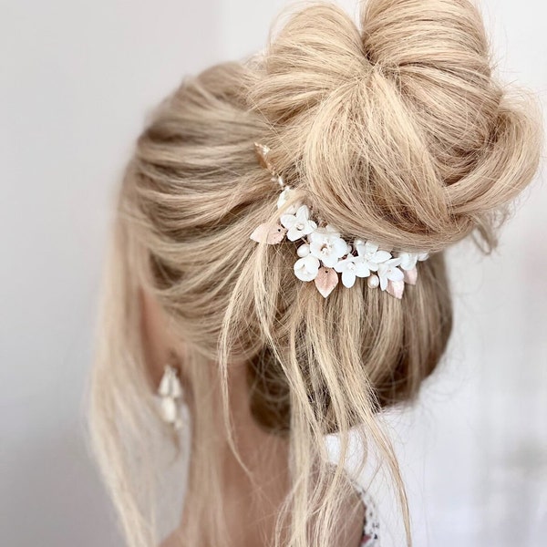 Bridal Hair Comb Rose Gold, Silver Wedding Hairpiece, Boho Hair Vine Gold, Clay Flowers Hairpiece, Rose Gold and Silver Hairpiece