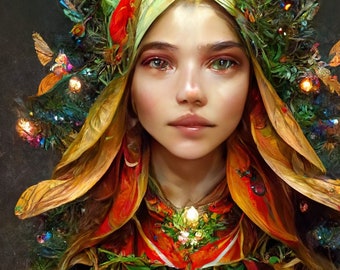 May include: A woman with long brown hair wears a crown of leaves, flowers, and berries. The crown is decorated with small lights and has a red and gold colour scheme. The woman's face is visible, and she has a soft, natural look.