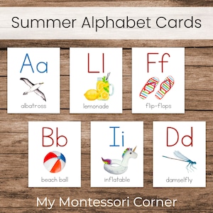 Tarjetas del Alfabeto de Verano (Imprimible en Idioma Preescolar Montessori)