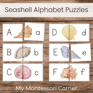 Tarjetas de rompecabezas a juego con letras mayúsculas y minúsculas del alfabeto de conchas marinas de verano, trabajo de letras imprimibles para preescolar