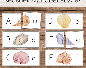 Summer Seashell Alphabet Uppercase Lowercase Matching Puzzle Cards, Preschool Printable Letter Work