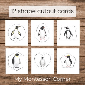 Puede incluir: 12 tarjetas de recorte de formas imprimibles con ilustraciones de ping&uuml;inos pintadas a la acuarela. Cada tarjeta tiene un contorno de forma diferente, incluyendo un c&iacute;rculo, un &oacute;valo, un trapecio, un hex&aacute;gono, un coraz&oacute;n y un pent&aacute;gono.