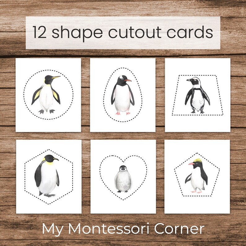Puede incluir: 12 tarjetas de recorte de formas imprimibles con ilustraciones de ping&uuml;inos pintadas a la acuarela. Cada tarjeta tiene un contorno de forma diferente, incluyendo un c&iacute;rculo, un &oacute;valo, un trapecio, un hex&aacute;gono, un coraz&oacute;n y un pent&aacute;gono.