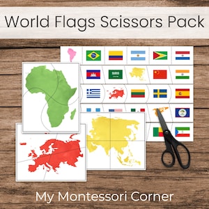 Welt Flaggen Schere Streifen und Kontinent Puzzles, Montessori Vorschule Fine Motor Printable