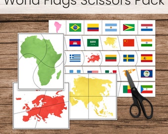 World Flags Scissors Strips and Continent Puzzles, Montessori Preschool Fine Motor Printable