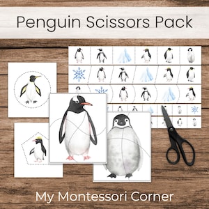 Puede incluir: Un paquete de actividades de corte de tijeras con tem&aacute;tica de ping&uuml;inos para ni&ntilde;os. El paquete incluye una variedad de actividades con tem&aacute;tica de ping&uuml;inos, como cortar ping&uuml;inos, trazar l&iacute;neas y hacer coincidir formas. El paquete tambi&eacute;n incluye un par de tijeras. El texto "Penguin Scissors Pack" y "My Montessori Corner" es visible en la p&aacute;gina.
