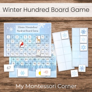 May include: A blue and white winter-themed hundred board game with a red cardinal, a white rabbit, and a deer. The game includes a set of snowflake counters and a -10 card. The game is titled "Winter Wonderland Hundred Board Game" and "My Montessori Corner".