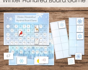 Gioco da tavolo Montessori Math stampabile Cento: tema fiocco di neve invernale