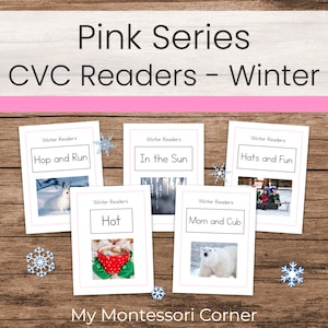 May include: Five printable winter-themed CVC readers for young children. The titles are "Hop and Run", "In the Sun", "Hot", "Mom and Cub", and "Hats and Fun".