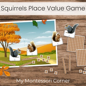 Fall Squirrels Math Game, Montessori Place Value Practice and Golden Beads Exchanging Extension