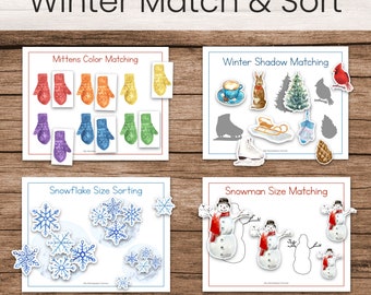 May include: Four printable winter-themed activity cards for kids. The cards feature matching and sorting activities with mittens, snowflakes, snowmen, and winter shadows. The cards are titled "Mittens Color Matching", "Winter Shadow Matching", "Snowflake Size Sorting", and "Snowman Size Matching".