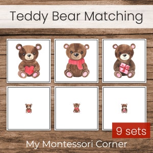May include: Nine sets of printable teddy bear matching cards. Each card features a brown teddy bear with different accessories, including a heart, a scarf, and a gift box. The cards are designed for use in a Montessori classroom or at home.