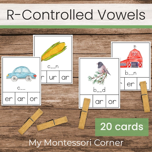 R-Controlled Vowels Clip Cards (Montessori Green Series Reading and Phonics Activity)