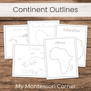 Continents Tracing Worksheets and Art Template Outlines, Montessori Preschool Geography Printable