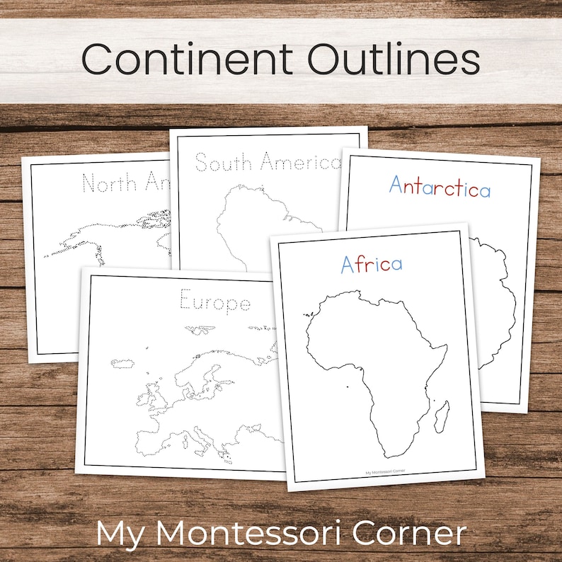 Pode incluir: Um conjunto de contornos de continentes imprim&iacute;veis para crian&ccedil;as. Os contornos s&atilde;o em preto e branco e incluem a Am&eacute;rica do Norte, a Am&eacute;rica do Sul, a Europa, a &Aacute;frica e a Ant&aacute;rtida. Os continentes s&atilde;o etiquetados com seus nomes em azul e vermelho.