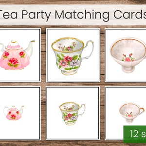 Carte di abbinamento prescolare Tea Party e gioco di memoria stampabili