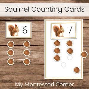 Atividade de número de esquilos de outono e cartas de contagem (matemática pré-escolar Montessori)