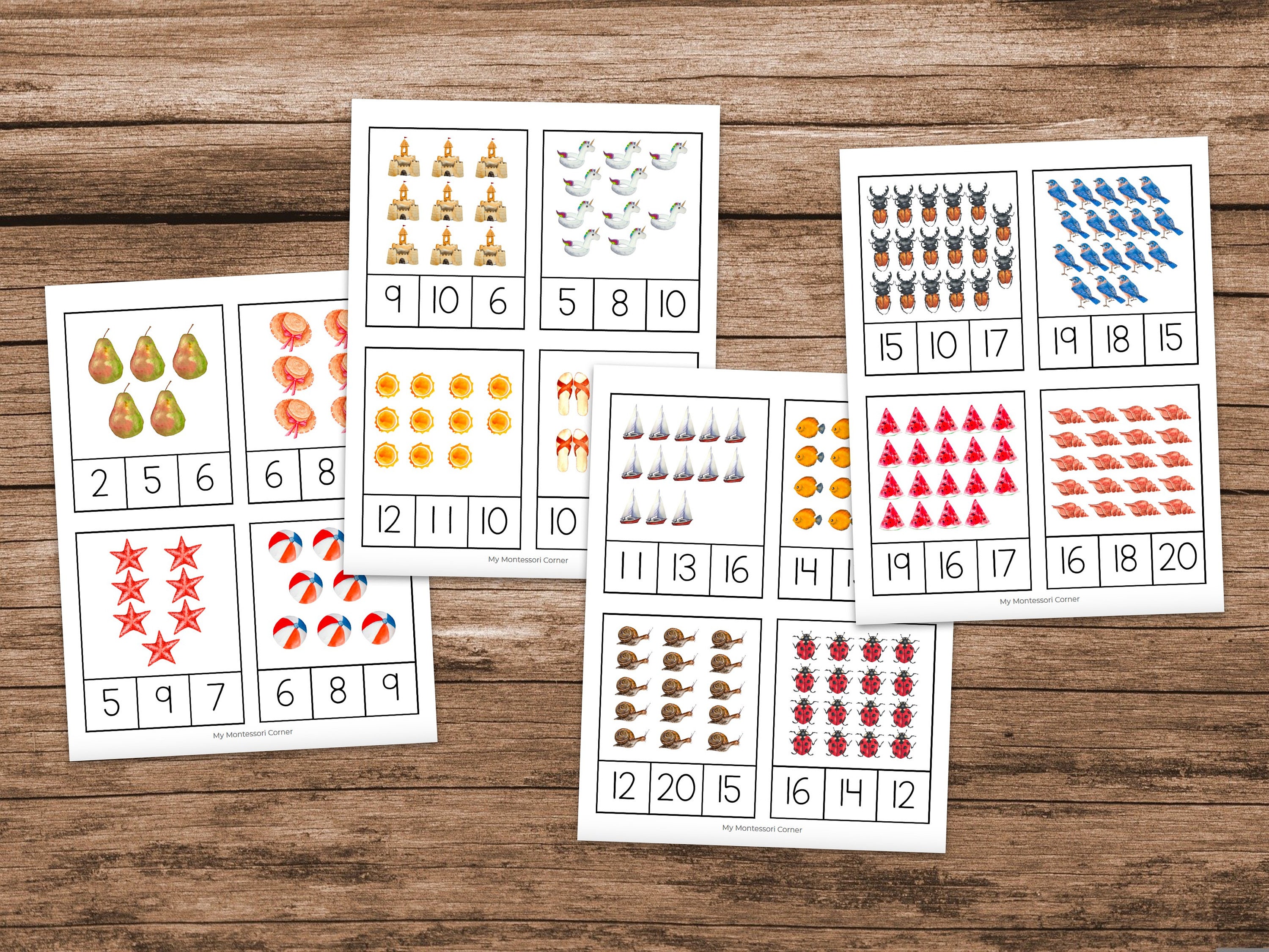 Summer Count and Clip Cards 1-20 (montessori Preschool Math Printable ...