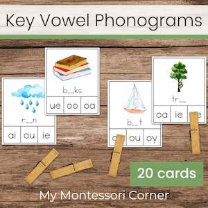 Cartes à clip avec phonogrammes de voyelles clés (lecture et activité phonétique de la série verte Montessori)