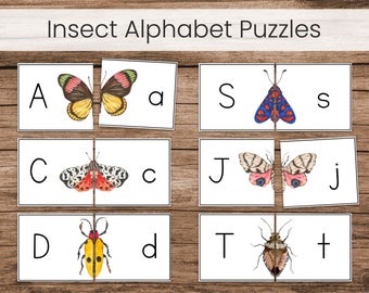 Insect Alphabet Uppercase Lowercase Matching Puzzle Cards, Preschool Printable Activity