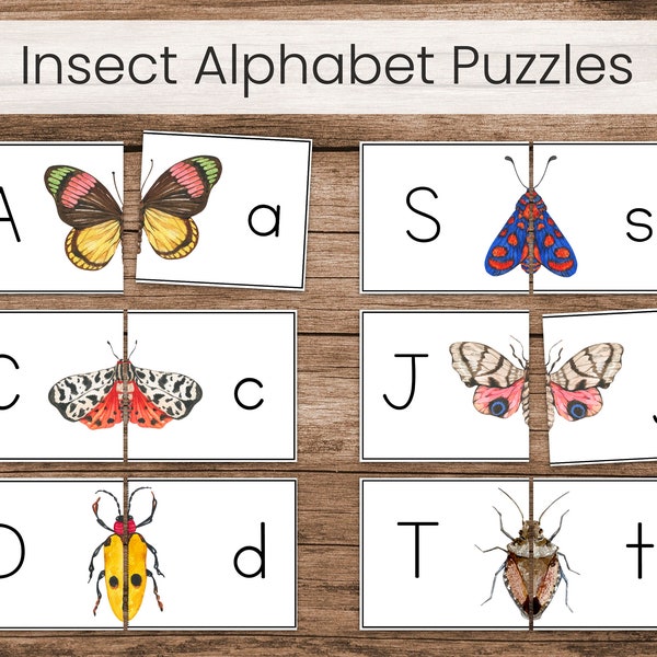 Insect Alphabet Uppercase Lowercase Matching Puzzle Cards, Preschool Printable Activity