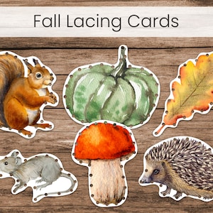 Cartes de laçage forêt d'automne, aquarelle (activité imprimable de motricité fine Montessori préscolaire)