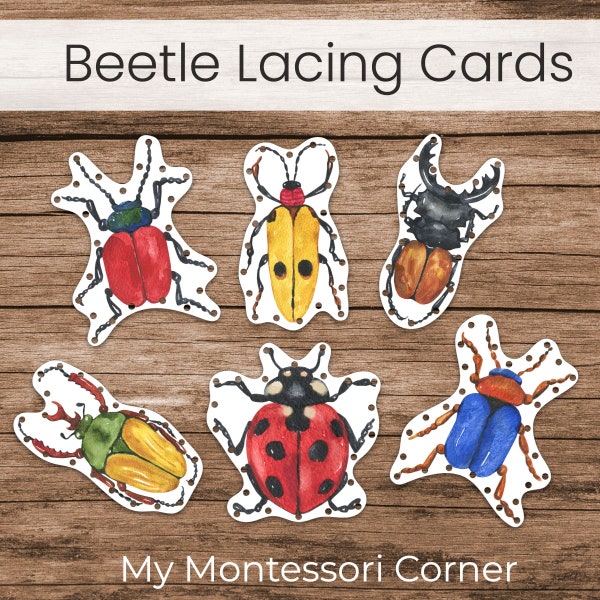 Beetle Lacing Cards, Watercolor (Insects Fine Motor Activity Printable)