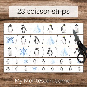 Puede incluir: Una hoja de trabajo imprimible con 23 tiras de tijeras con ping&uuml;inos, copos de nieve y icebergs. La hoja de trabajo se titula "23 tiras de tijeras" y "Mi rinc&oacute;n Montessori".