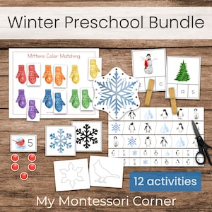 May include: A set of 12 winter-themed preschool activities for kids. The activities include color matching, counting, tracing, and more. The activities are illustrated with cute winter images like mittens, penguins, snowmen, and snowflakes.