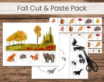 May include: A printable fall-themed cut and paste activity pack for kids. The pack includes a forest scene with animals to cut out and paste, as well as a separate sheet with animals to match.