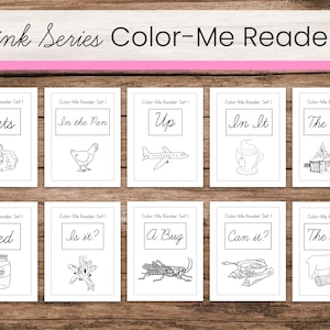 May include: A set of ten black and white coloring pages featuring simple illustrations and text. The pages are titled "Color-Me Reader Set 1" and include images of a cat, a chicken, an airplane, a cup of tea, a hut, a jar, sticks, a bug, a pan, and a pig.