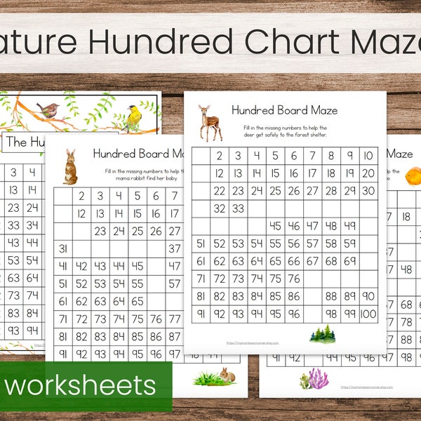 Hundred Chart Maze Worksheets, Nature Theme (Montessori Math Printable)