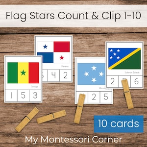 Sterren op wereldvlaggen tellen en clipkaarten 1-10 (Montessori Preschool aardrijkskunde en wiskunde afdrukbaar)