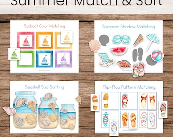 May include: Four printable Montessori activity cards featuring summer themes. The cards include sailboat color matching, summer shadow matching, seashell size sorting, and flip-flop pattern matching.