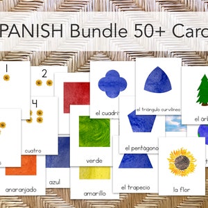 SPANISH 3-Part Cards Basics Bundle: Shapes, Colors, Numbers, Nature (Montessori Printable Materials)