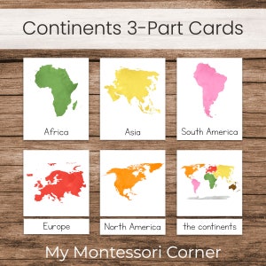 Cartões de 3 partes dos continentes Montessori, materiais para impressão de geografia da pré-escola ou do jardim de infância