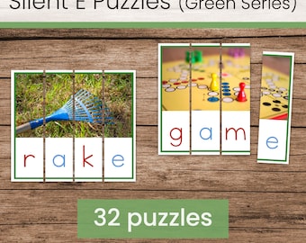 Silent E Picture Word Puzzles (Montessori Green Series Phonics Printable)