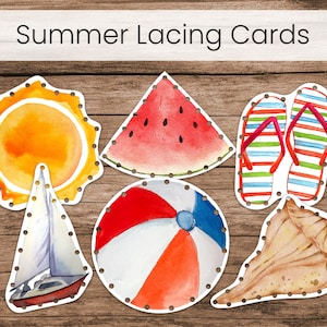 Tarjetas de cordones de verano, playa de acuarela (actividad de motricidad fina preescolar Montessori)