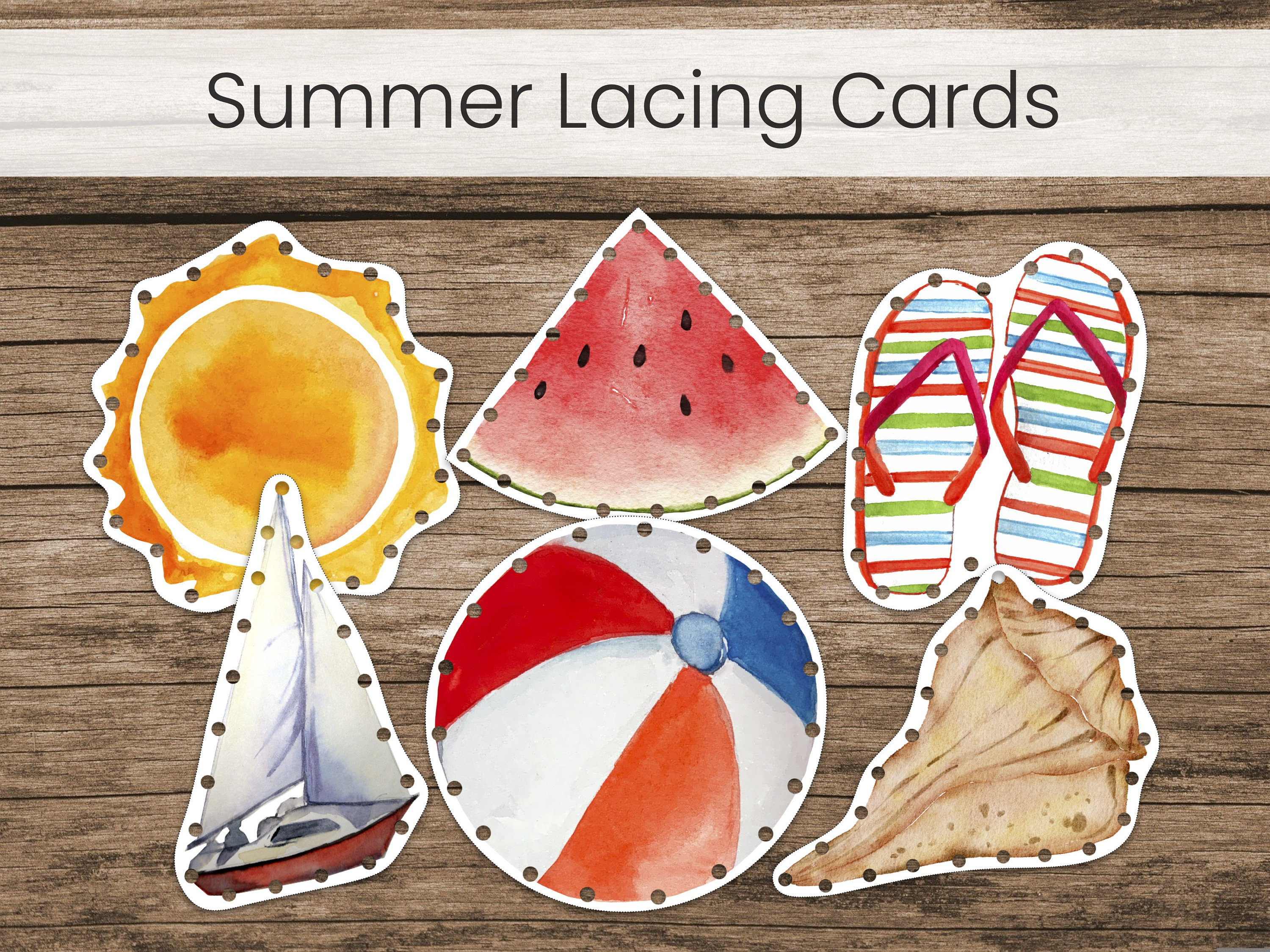 Summer Lacing Cards, Watercolor Beach (Montessori Preschool Fine Motor Activity)