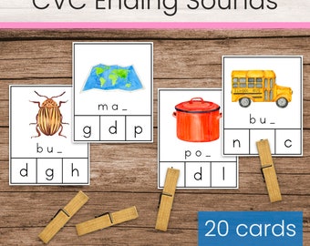 Tarjetas con clips de sonidos finales CVC (Actividad lingüística de la serie Montessori Pink)