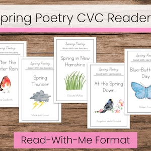 May include: Five printable spring poetry CVC readers for kids. Each reader features a different spring-themed poem with an illustration. The poems include "After the Winter Rain", "Spring Thunder", "Spring in New Hampshire", "At the Spring Dawn", and "Blue-Butterfly Day".