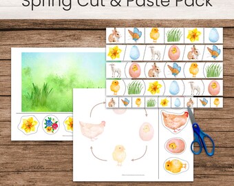 May include: A printable spring-themed cut and paste activity pack for kids. The pack includes a variety of images, such as chicks, butterflies, lambs, daffodils, and eggs. The images are designed to be cut out and pasted onto the corresponding spaces on the activity sheets. The pack also includes a life cycle of a chicken activity sheet.