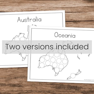 K&ouml;nnte beinhalten: Zwei schwarz-wei&szlig;e druckbare Karten von Australien und Ozeanien. Die Karten sind f&uuml;r Punkt-zu-Punkt-Aktivit&auml;ten konzipiert. Der Text "Zwei Versionen enthalten" ist auf dem Bild gedruckt.