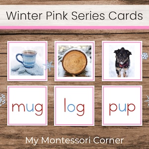 May include: Three winter-themed picture cards with matching word cards. The picture cards show a blue mug with hot beverage, a brown log with snow on top, and a black and brown puppy. The word cards show the words "mug", "log", and "pup".