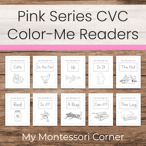 May include: A collection of ten white flashcards with black line drawings and text, including "Cats," "In the Pen," and "The Hut." The cards are labeled "Pink Series CVC Color-Me Readers" and "My Montessori Corner."