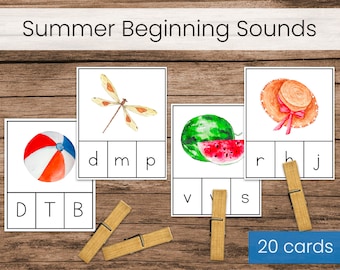 Karty z klipsami do dźwięków początku lata (Montessori Preschool Phonics Printable)
