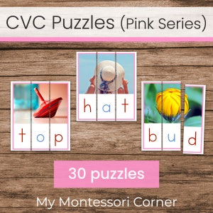 Rompecabezas de palabras con imágenes CVC (Serie Montessori Pink imprimible)