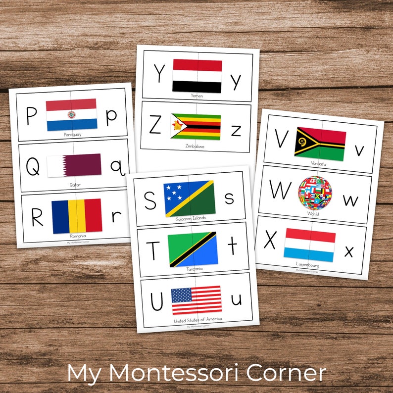 May include: A set of printable flashcards featuring flags of different countries, each paired with a letter of the alphabet. The flags are colorfully illustrated and the letters are in black text. The cards are labeled with the country name below each flag. The text "My Montessori Corner" appears at the bottom of the image.