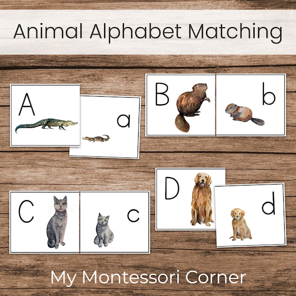 Uppercase-Lowercase Alphabet Matching Cards, Mother and Baby Animals (Montessori Preschool Printable)